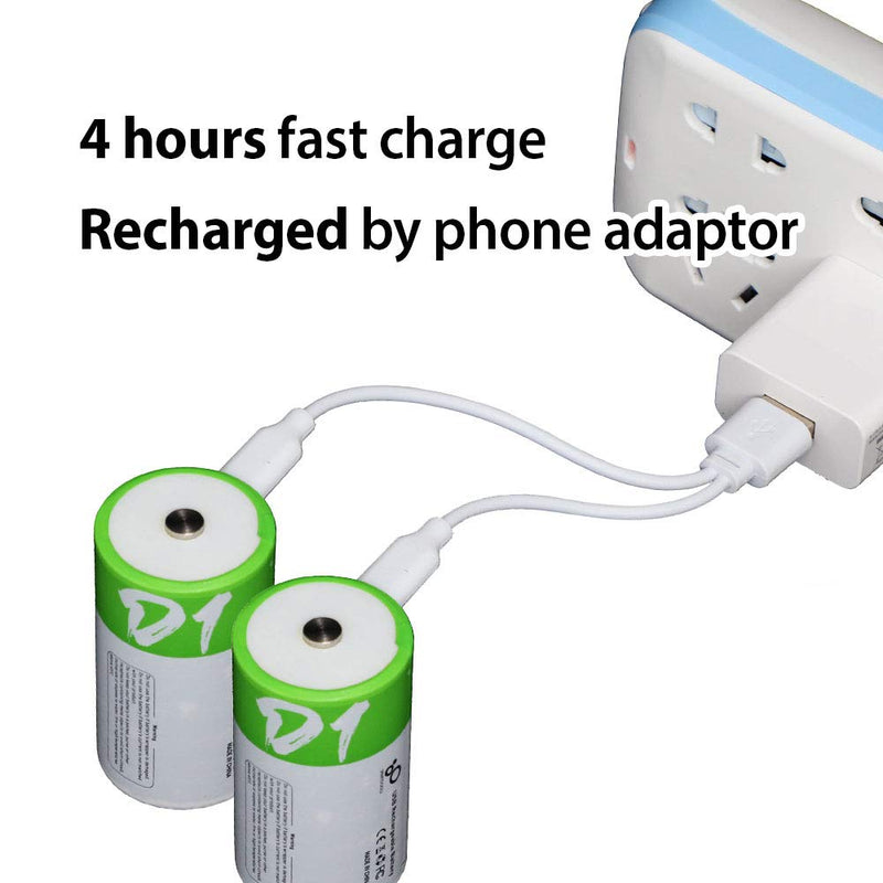 [Australia] - Rechargeable D Batteries 1.5V 12000mWh USB Lithium ion Rechargeable D Battery with USB Type C Charging Cable, High Capacity Fast Charge, 1200 Cycles Constant Output, Over-Charge Protection,2-Pack 2* D battery 