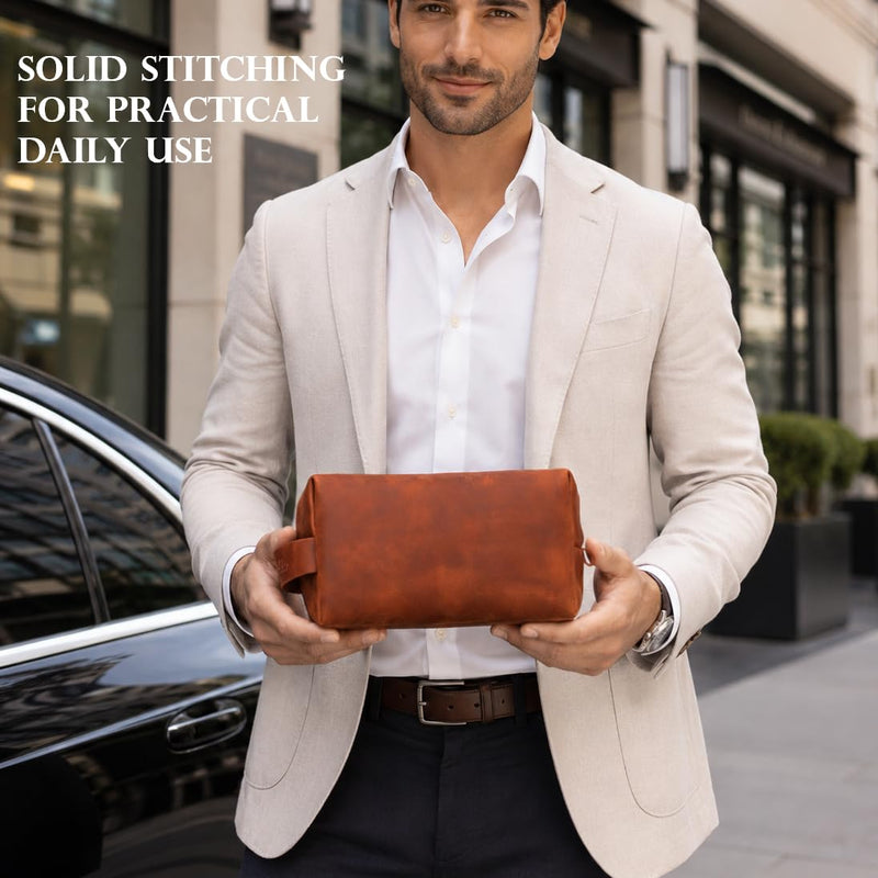 Full Grain Leather Toiletry Bag for Men – Handmade in USA – Waterproof Dopp Kit for Shaving Kit, Travel, Gym – Real Leather Serves as Gift for Dad, Husband, Boyfriend, Friend, Groomsmen