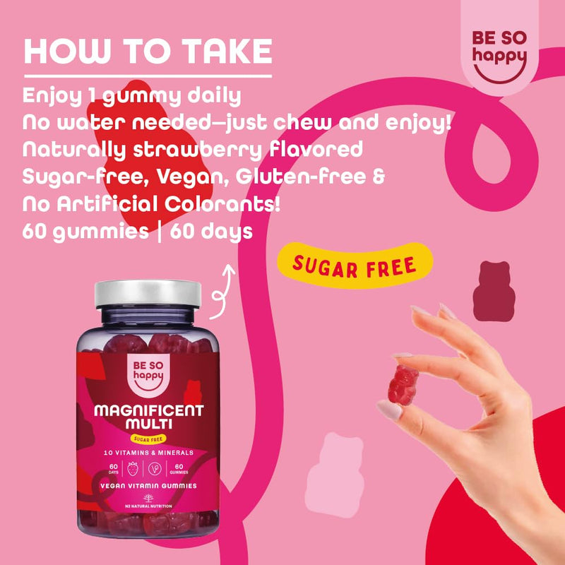 BeSoHappy® Multivitamin Gummies for Women 2 Month Supply, for Men Adults & Kids for Immune System, Tiredness and Fatigue with 10 Vitamins, A, B6, B12, C, D and E Vegan, Gluten and Lactose Free.