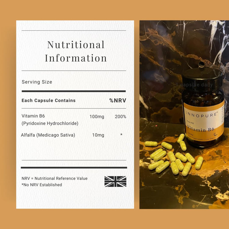 INNOPURE Vitamin B6 Capsules 100mg - Pure-Fill (No Fillers or Binders) High Strength Vitamin B6 Supplement, 1 Daily Capsule (Not Tablets) 120 Capsules