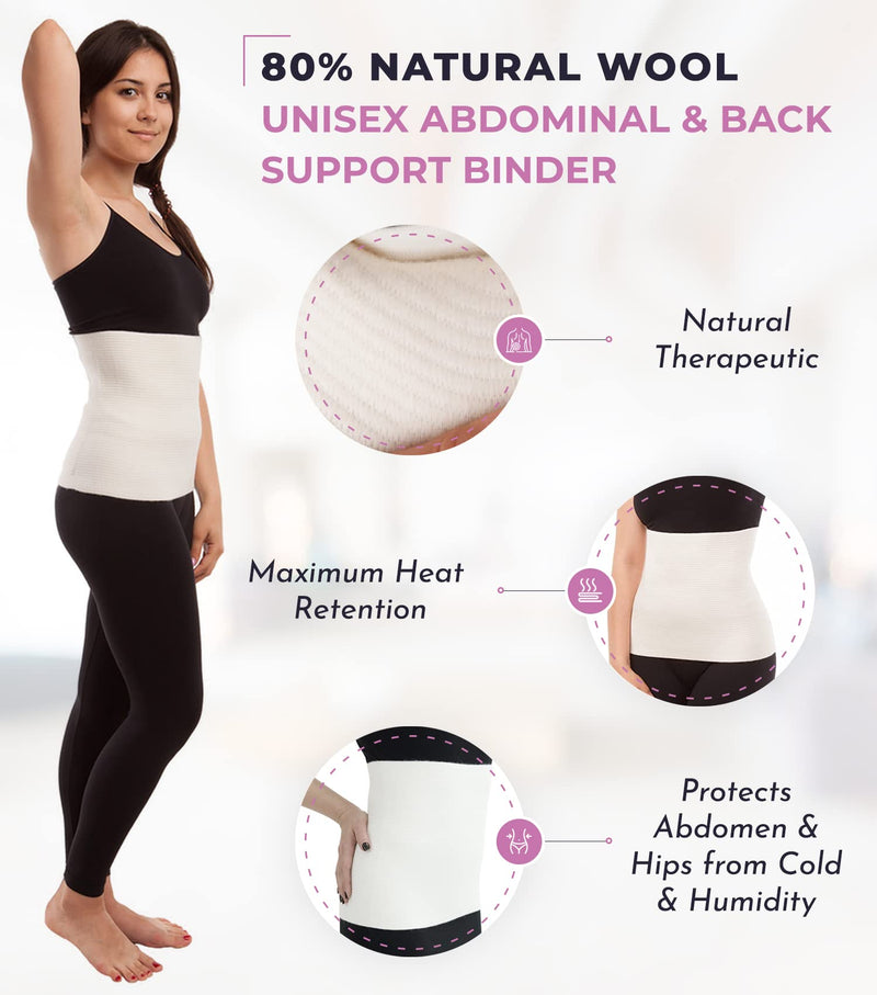 Unisex Wool Warming Support Abdominal Binder, Natural Therapeutic Warmth w/ 80% Wool, Large