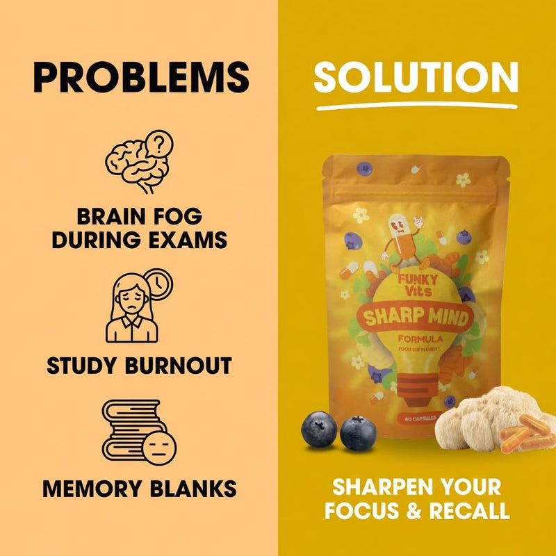 Focus & Clarity Support Capsules | B Vitamins, Zinc | Daily Mental Performance Support | Vegan UK Made | 60 Capsules | Funky Vits Sharp Mind