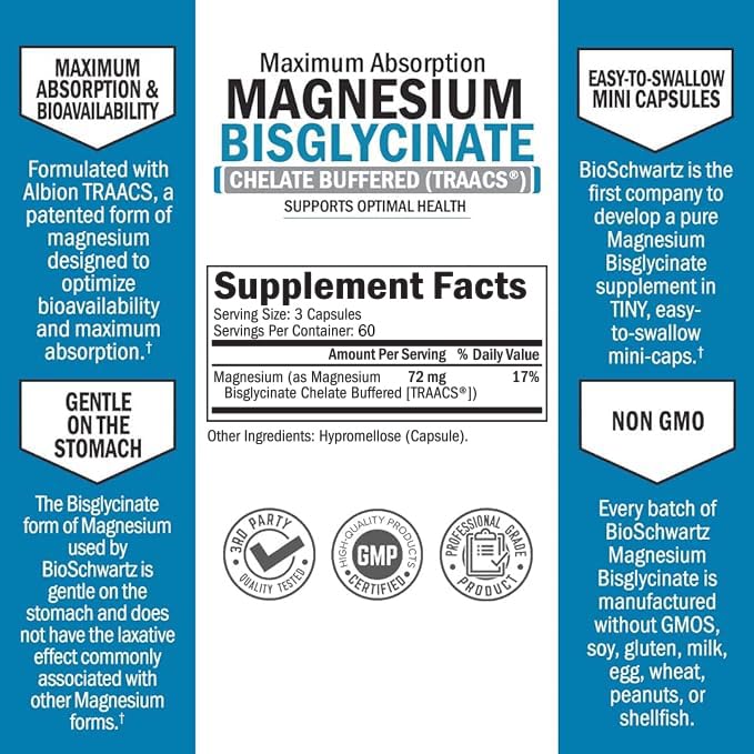[Australia] - Magnesium Bisglycinate 100% Chelate No-Laxative Effect - Maximum Absorption Magnesium Supplement - Fully Reacted & Buffered for Energy Muscle Bone & Joint Support - Non-GMO Project Verified -180ct 180 Count (Pack of 1) 