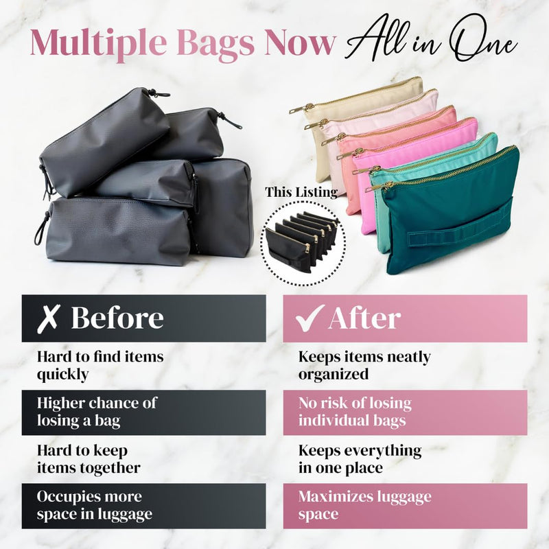 BOBBIE Accordion Travel Makeup Bag, Large Capacity Cosmetic Bags for Women, Durable & Compact Make up Organizer, Lightweight & Portable Zipper Pouch, Water-Resistant Toiletry Bag with 6 Compartments Little Black Bag - MIDI (6" x 9") - 6 Compartment