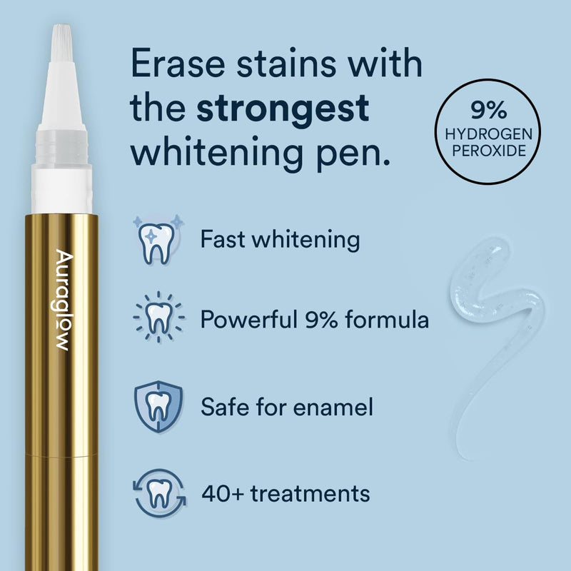 [Australia] - Auraglow Extra Strength Teeth Whitening Pen, 9% Hydrogen Peroxide, 40+ Whitening Treatments, Whitens Teeth Fast, No Sensitivity, 4mL Extra Strength Whitening Pen 