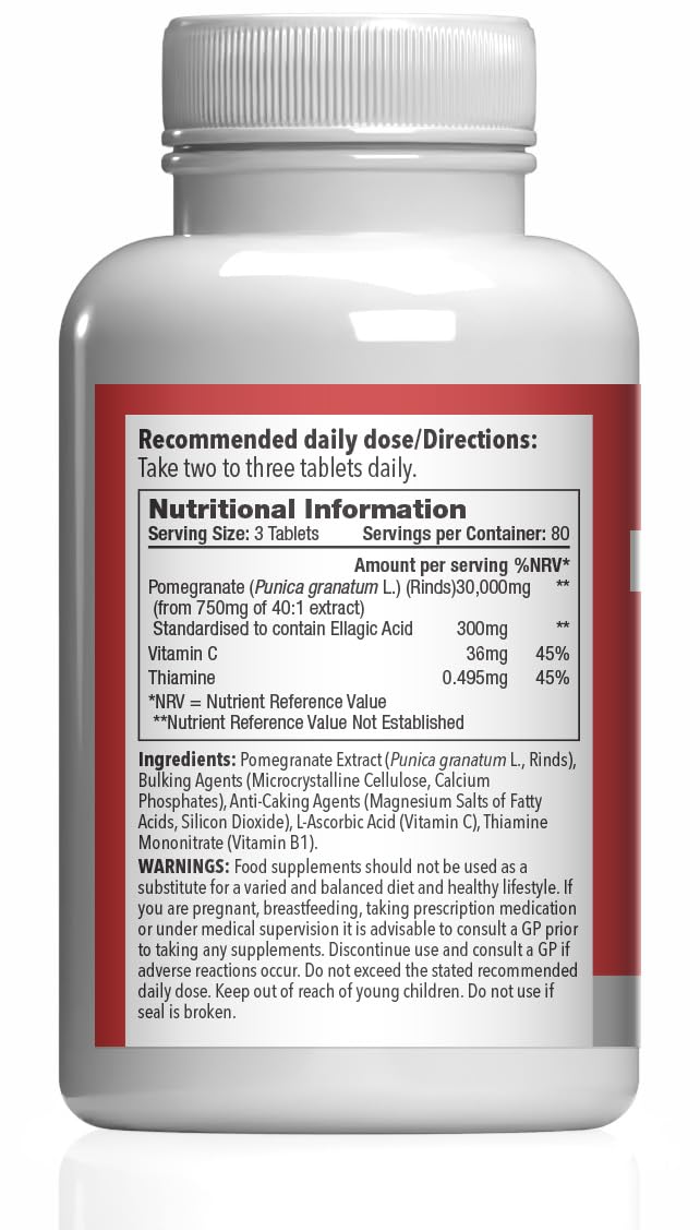 Pomegranate Extract 30,000mg | Supports Immune & Collagen Formation | Vitamin C & B1 for Antioxidant and Immune Support | Vegan & Vegetarian Friendly | 240 Tablets = 80 Days’ Supply | Made in The UK Unflavoured 1 count (Pack of 240)