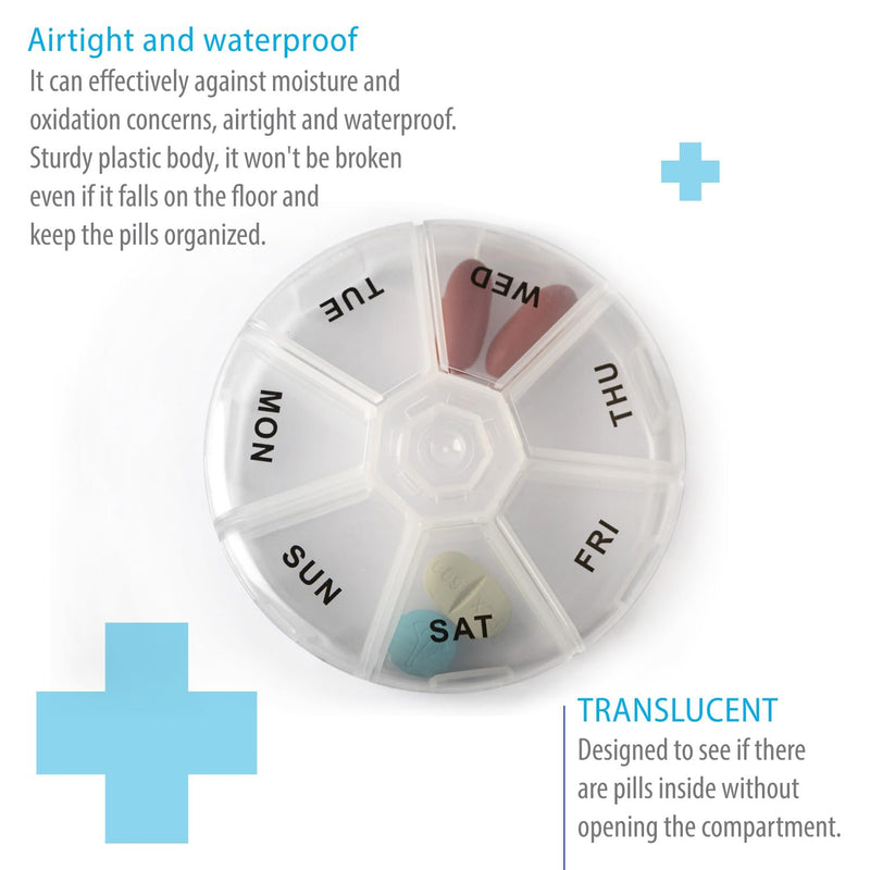 Deke Home - Round Portable Pill Box, Medicine Planner, Small 7 Day Weekly Travel Container, Medication, Vitamin Holder, Pillbox Organizer, Pill Dispenser, Daily Sorter & Reminder, BPA Free Clear 1 Count (Pack of 1)