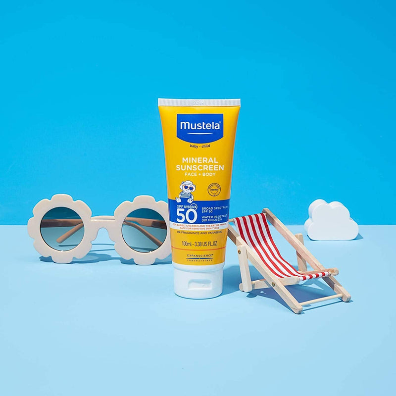 Mustela Baby Mineral Sunscreen Lotion SPF 50 Broad Spectrum - Face & Body Sun Lotion for Sensitive Skin - Water Resistant & Fragrance Free - Regular & Family Size 3.38 Fl Oz (Pack of 1)