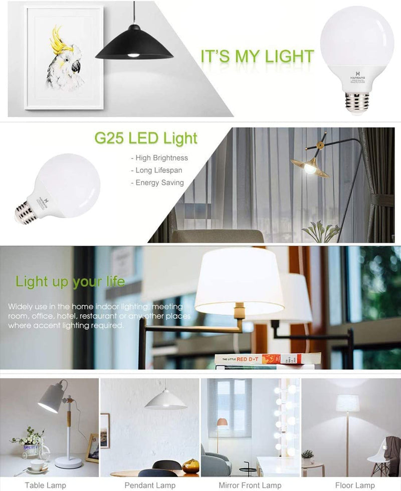 [Australia] - hansang G25 LED Globe Light Bulbs, 60W Equivalent, 5000K Daylight Bathroom, E26 Base, Eye-Friendly Vanity Round, Perfect for Vanity Makeup Mirror, 120V CRI85+ Non-Dimmable 4Pack 5000k(bright Dayligh) 4 Count (Pack of 1) 