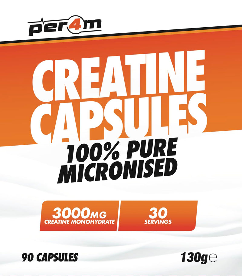 Per4m Creatine Powder | 100% Pure Micronised Creatine Monohydrate | 3000mg of Creatine | 30 Servings (90 Capsules, Unflavoured) 30 Servings (90 Capsules)