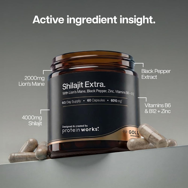 Shilajit Extra - Gold, with Lion's Mane, Black Pepper, Vitamin B12 & B6, Zinc, High Strength Himalayan Shilajit, Focus, Energy, Immune Support, Vegan, 60 Capsules | Protein Works