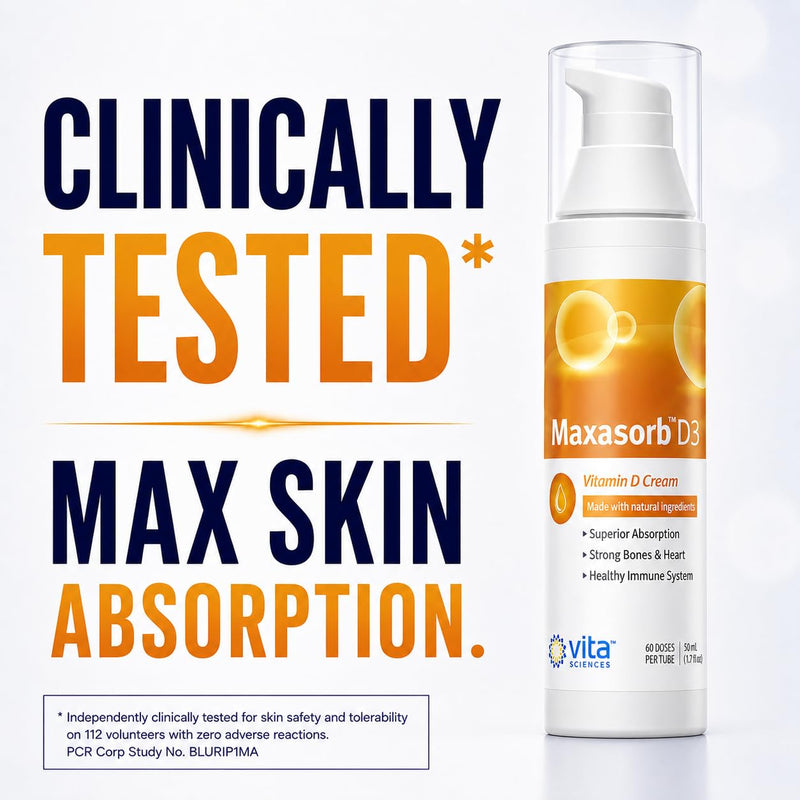 Vita Sciences Maxasorb Vitamin D3 Cream 1,000 IU, Topical Formula - 1.7 Oz | Delivers 1,000 IU of Topical Vitamin D3 Cream Per Pump - Fast-absorbing, Non-Greasy, Paraben-Free Daily Skin Moisturizer. 1.7 Fl Oz (Pack of 1)