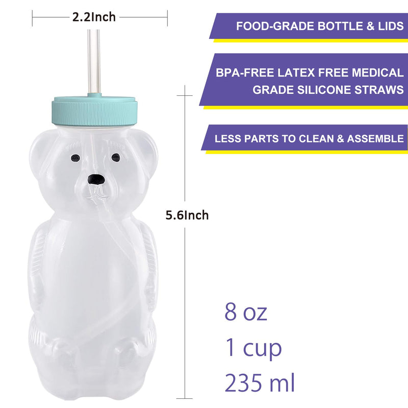 [Australia] - Honey Bear Straw Cups, Juice Bear Bottle Drinking Cup Long Straws with 4 Flexible Straws & Cleaning Tools, 8-Ounce Therapy Sippy Bottles for Speech and Feeding Training, Food-Grade & BPA Free 2 Pack Aqua 