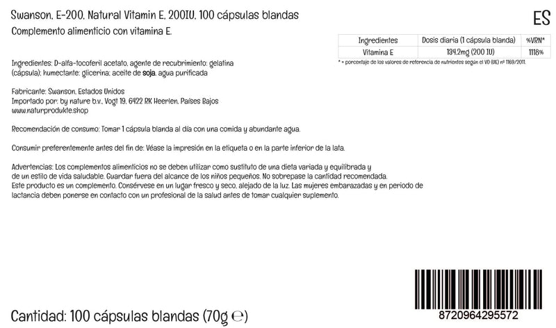 Swanson, E-200, High-Dose Vitamin E, 200IU, 100 Softgels, Gluten-Free, GMO-Free 100 count (Pack of 1)