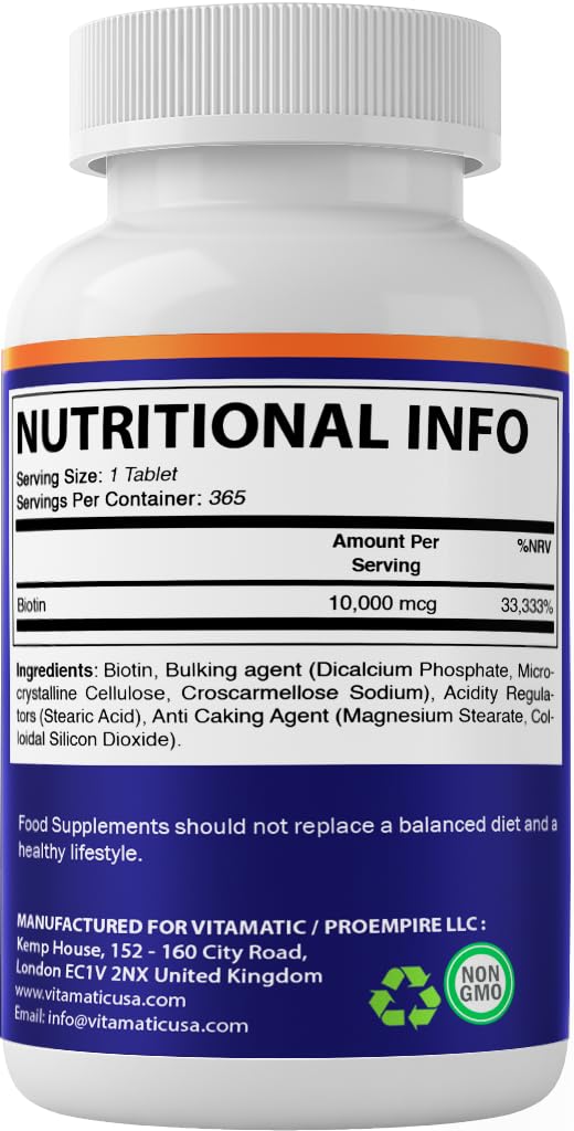Vitamatic Biotin 10,000 mcg for Stronger Hair, Skin & Nails - 365 Vegan Tablets- Also Called Vitamin B7