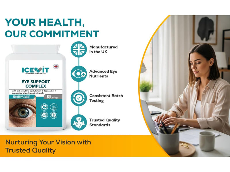Eye Support Complex 60 Capsules with Lutein 10mg, Zeaxanthin 2mg, Bilberry & Pine Bark Extract, Vitamins E &C, Zinc for Normal Vision, Vegan Eye Health Supplement, Made in UK