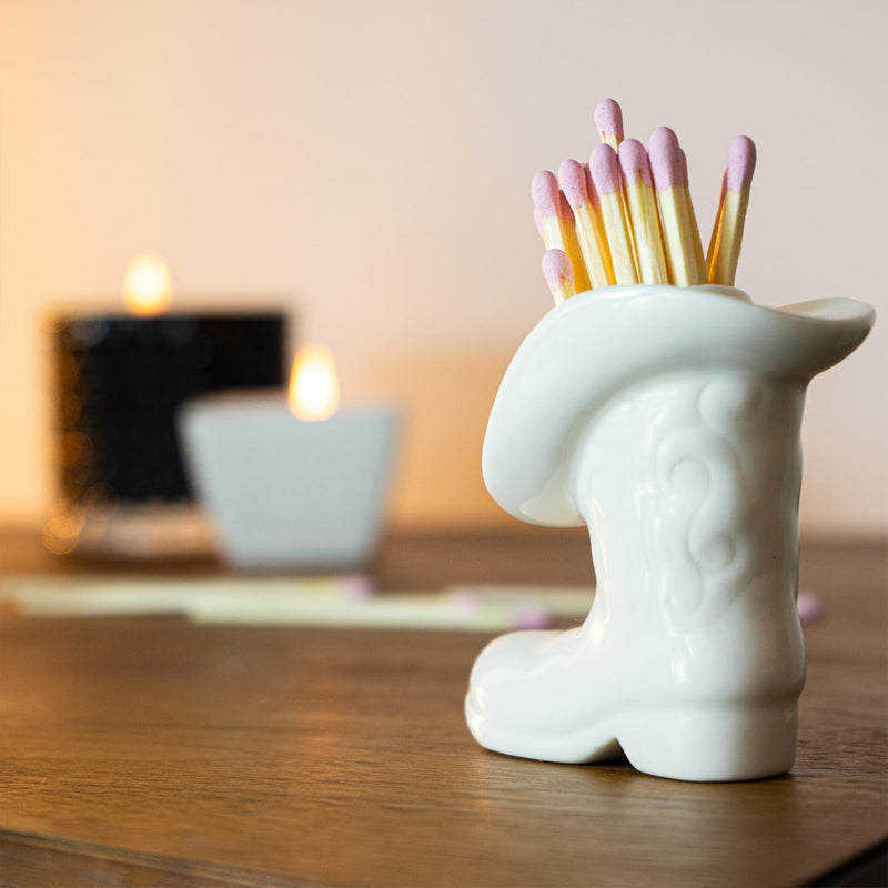 [Australia] - Cowboy Boot Match Holder With Striker - Ceramic cowgirl boots coastal Western home decor aesthetic, Matchesboxes For pink Bathroom Bedroom Glossy White 