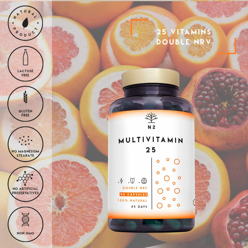 Vitamin C and D - HIGH DOSE 200% of the Recommended Daily Value - Multivitamin 25 Vitamins & Minerals Zinc Magnesium Vitamin E B1 B12 B6 - Women Men 90 Capsules N2 Natural Nutrition