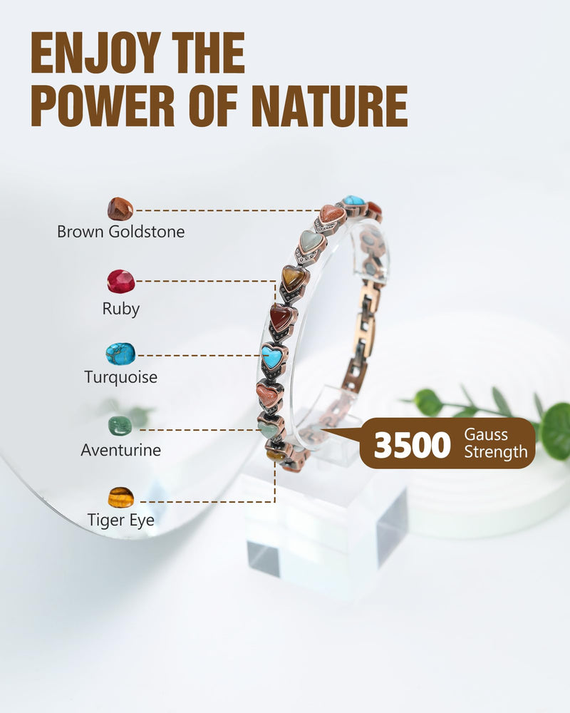 [Australia] - Feraco Pure Copper Bracelets for Women, Ultra Strength Magnetic Bracelet with 3800 Gauss Magnets & Natural Turquoise & Stones, Adjustable, Jewelry Gift Heart Bloom 