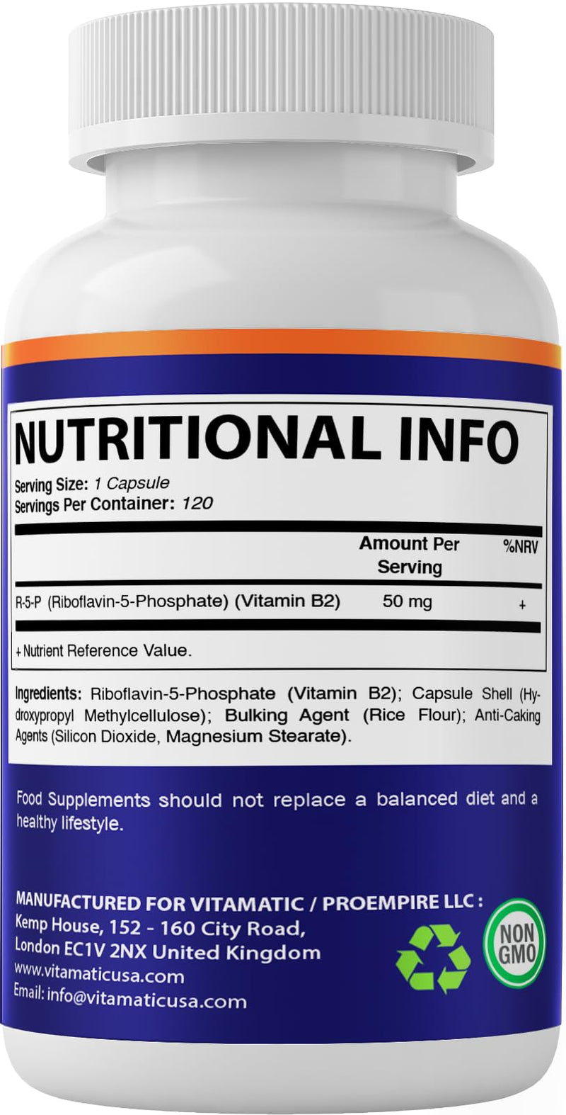 Vitamatic R-5-P Riboflavin-5-Phosphate (Vitamin B2) 50 mg | 120 Capsules | High Potency, Easy-to-Swallow Vegetarian Capsules