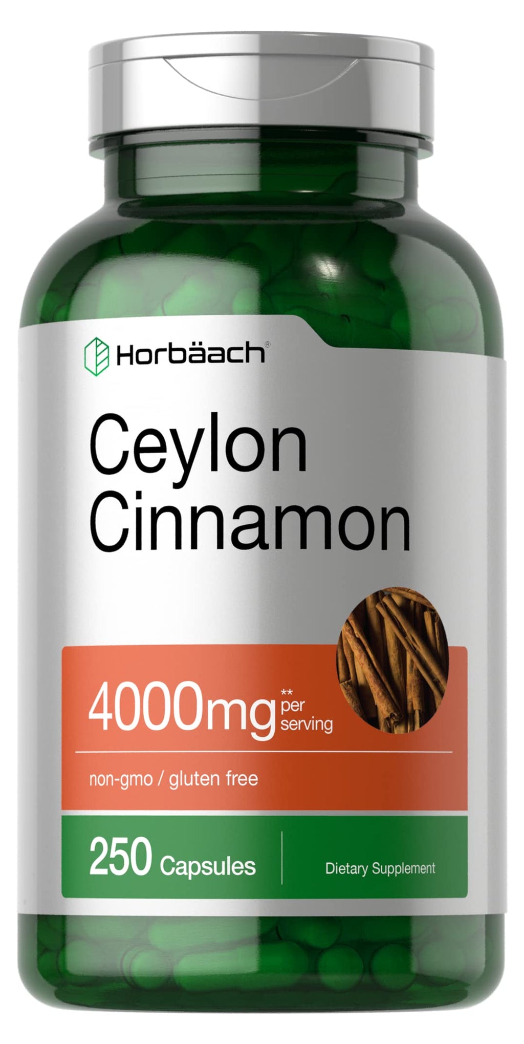 Horbaach Ceylon Cinnamon Capsules 4000mg | 250 Count | Non-GMO, Gluten Free