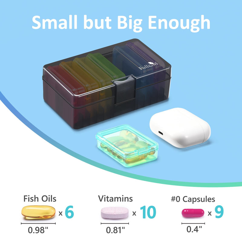 Fullicon Portable Travel Pill Organizer, One Time a Day, Black Rainbow | Each Compartment Holds 6 Fish Oils, 10 Vitamins, or 9 Capsules, Easy Fill, Secure Lock, Durable Buckle, Labels Included