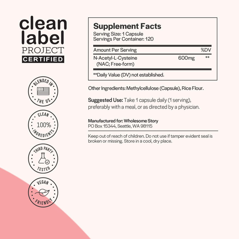 [Australia] - Wholesome Story NAC Supplement N Acetyl Cysteine 600 mg | Liver, Lung, & Fertility Support | 120 Capsules | 30 Day Supply 