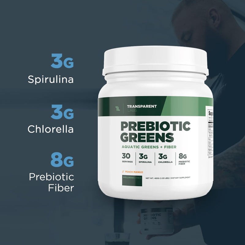 [Australia] - Transparent Labs Prebiotic Greens - Greens Superfood Powder & Antioxidants Supplement with Organic Spirulina, Organic Chloerra, Organic Acacia Powder, & Green Banana Powder - 30 Servings, Peach Mango 