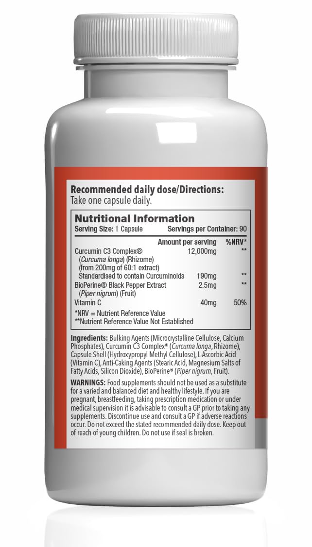 Curcumin C3 Complex 12,000mg with Bioperine & Vitamin C | 190mg Curcuminoids | High-Strength Turmeric Extract | Vegan & Vegetarian Friendly | 90 Capsules | UK-Made, GMP Certified Unflavoured 1 count (Pack of 90)