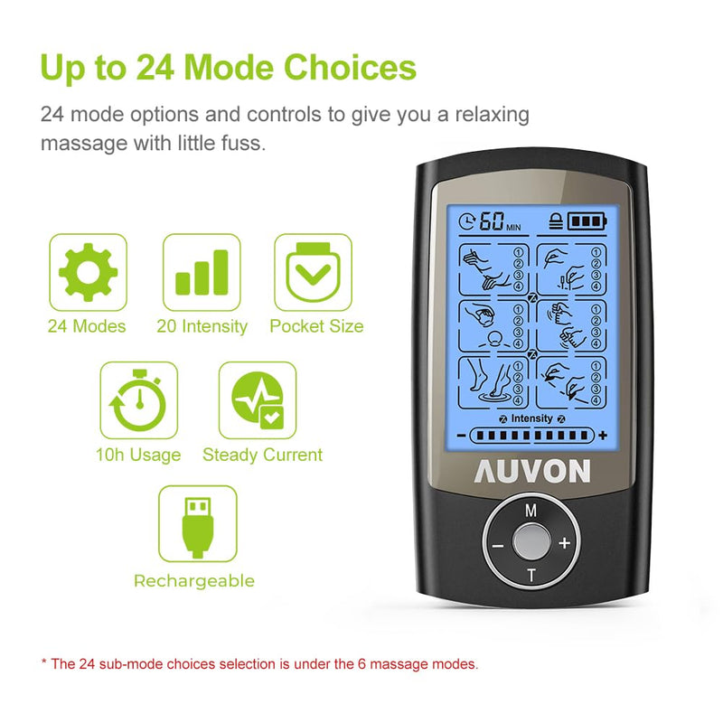 AUVON 24 Modes TENS Unit Muscle Stimulator for Pain Relief, Premium Pads | Rechargeable TENS Machine, Drug-Free Pain Relief for Shoulder, Lower Back, Muscle, Physical Therapy, 8pcs Electrode Pads Black
