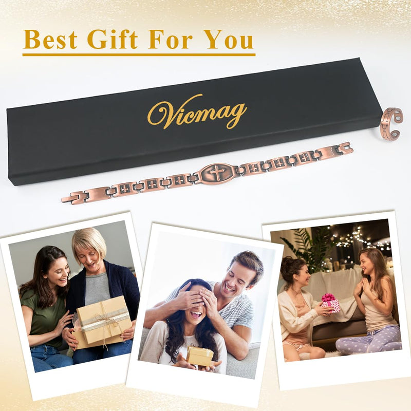[Australia] - Vicmag Copper Magnetic Bracelet for Women 99.9% Solid Pure Copper Strong Magnets Jewelry Gift Adjustable Length Classic Cross 