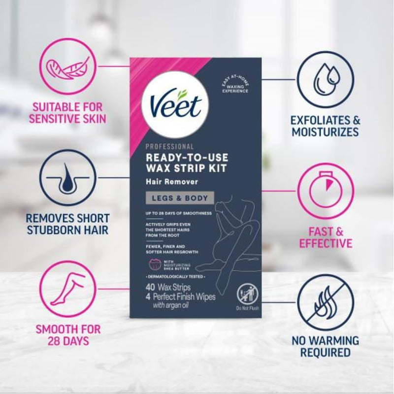 Veet Leg & Body Hair Removal Kit- Sensitive Formula, Ready-to-use Cold Wax Strips, Shea Butter & Acai Fragrance, 40 Count (Pack of 2)