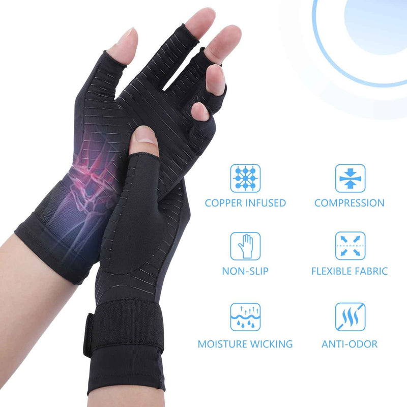 [Australia] - Tikaton Copper Infused Compression Arthritis Gloves with Wrist Strap for Hand Pain,Carpal Tunnel,Tendonitis, Fits Women & Men Small/Medium 