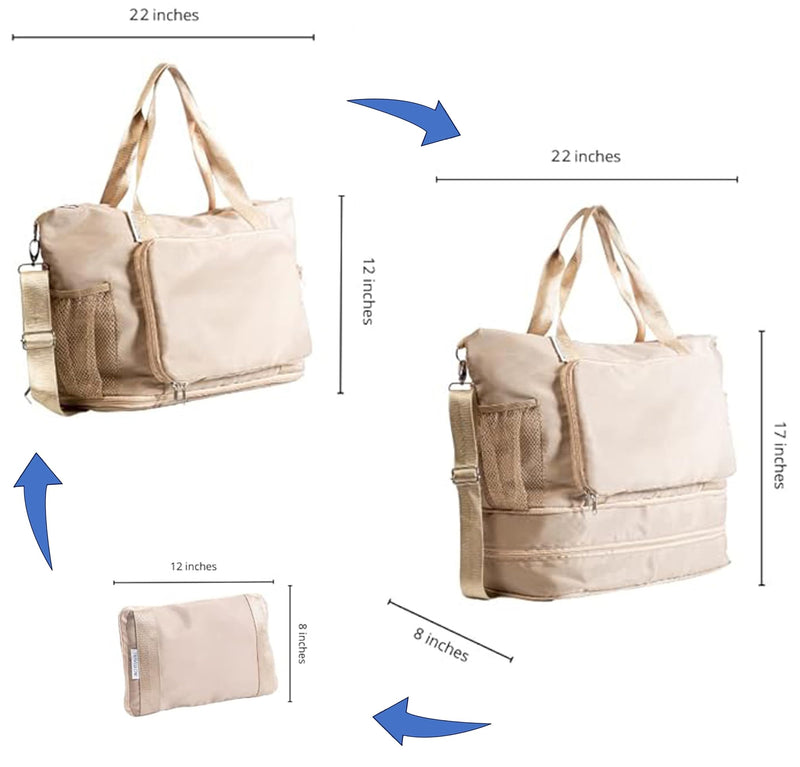Large Travel Bag - Foldable & Expandable Carry-On Bag with Shoe Compartment, Water Bottle Pocket, Luggage Sleeve, Cosmetic Case Beige
