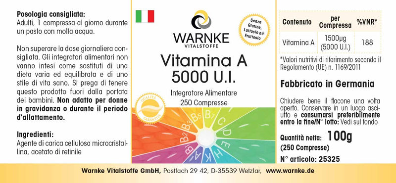 [Australia] - Vitamin A 5000 IU - 1500µg retinol (retinyl acetate) per tablet - 250 tablets - high dosage & vegan | Warnke vital substances - German pharmacy quality 
