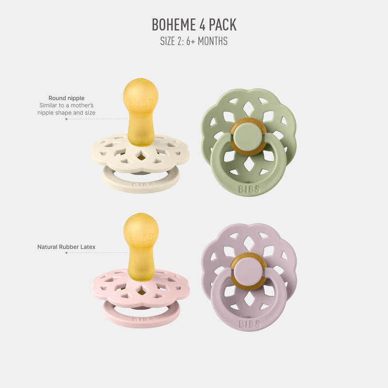 [Australia] - BIBS Boheme Soother 4-Pack | BPA Free Dummy Pacifier Round Nipple | Natural Rubber Latex | Made in Denmark | Size 6-18 Months | Dusky Lilac Mix Size 2 | 6+ Month 