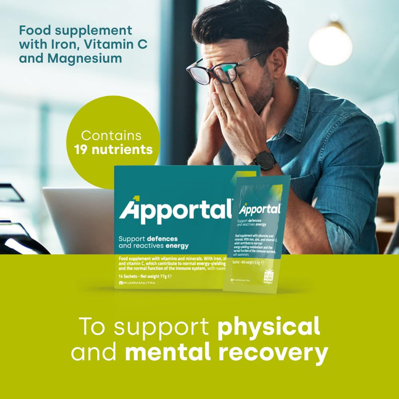 Reduce Tiredness & Fatigue, Tonic Energetic, Food Supplement, Antioxidants, 19 Nutrients, Iron, VIT. C, D, B3, E, Magnesium, 14 Sachets, During Recovery or After Seasonal Illness, Apportal
