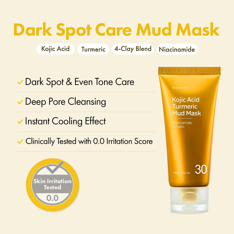 TOSOWOONG Kojic Acid Turmeric Mud Mask for Dark Spots & Pore Care, Freckles | 25% (246,019ppm) Kaolin + 5.4% (54,000ppm) Bentonite, Vitamin C, Niacinamide, Arbutin, Blackheads, Korean Skincare, 3.52 oz