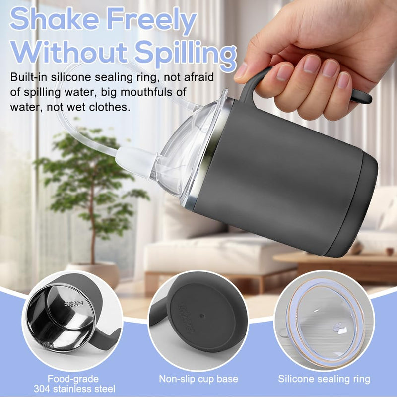 Beakers for Elderly 450ml, SGZIOO 3 in 1 Sippy Cup for Adults, Non Spill Cups for Elderly, Adult Sippy Cups for The Elderly Non Spill, with Lid, Straw, Brush, Aids for the Disabled Daily Living (Gray) Gray