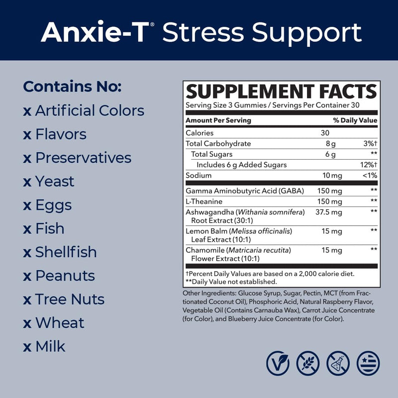 [Australia] - Anxie-T - Stress Relief Gummy - Vitamin Supplement for Mood & Mental Focus Support - Feel Calm and Relaxed - Rapidly Eases Tension - Ashwagandha, GABA & L-Theanine - 90 Gummies 90 Count (Pack of 1) 