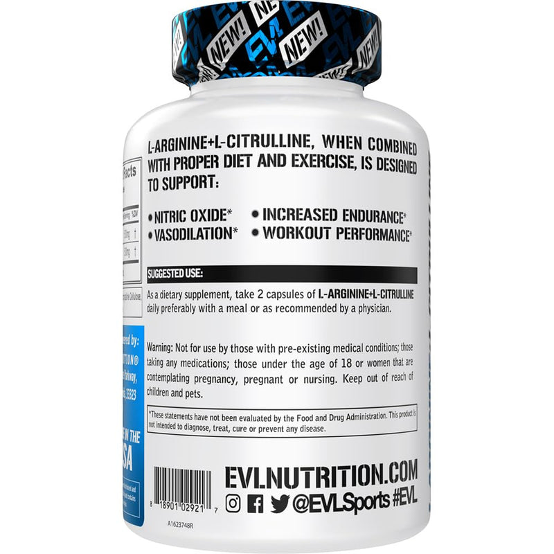 [Australia] - Evlution Nutrition L-Arginine + L-Citrulline - Endurance + Workout Performance Supplement - 500mg Complex - Vasodilation + Nitric Oxide Support - Vegan + Gluten Free Capsules - 60 Servings 