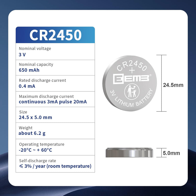 [Australia] - EEMB 5 PACK CR2450 Battery 3V Lithium Battery 2450 Button Coin Cell Batteries DL2450、ECR2450、BR2450 for Watch Tea Lights Votive Candles Alarm System Car Key Fob Remote Control Calculators Toys Games 