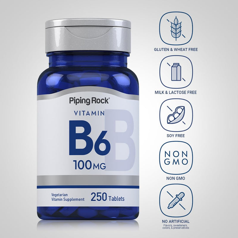 Piping Rock Vitamin B6 100mg Tablets | 250 Pills | Supplement for Men and Women | As Pyridoxine Hydrochloride | Vegetarian, Non-GMO, Gluten Free