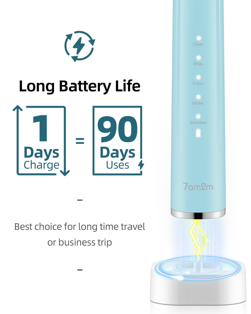 [Australia] - 7AM2M Electric Toothbrush 2 Pack Set for Adults, 12 Replacement Brush Heads, 5 Adjustable Modes, Built-in 2-Minute Smart Timer, Fast Charge for 60 Days, IPX7 Waterproof, Navy & Light Blue Navy Blue & Light Blue 