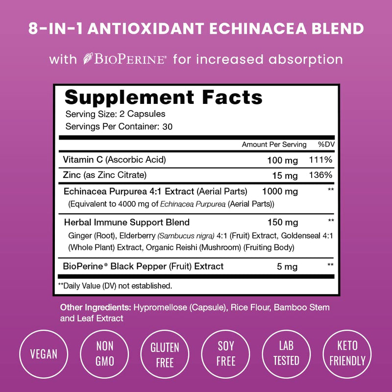 [Australia] - Echinacea Goldenseal 1000mg with Elderberry, Vitamin C, Zinc & Ginger | Immune Boost Vegan Echinacea Capsules with Goldenseal Root & BioPerine for Absorption | Premium Echinacea Root Supplement 