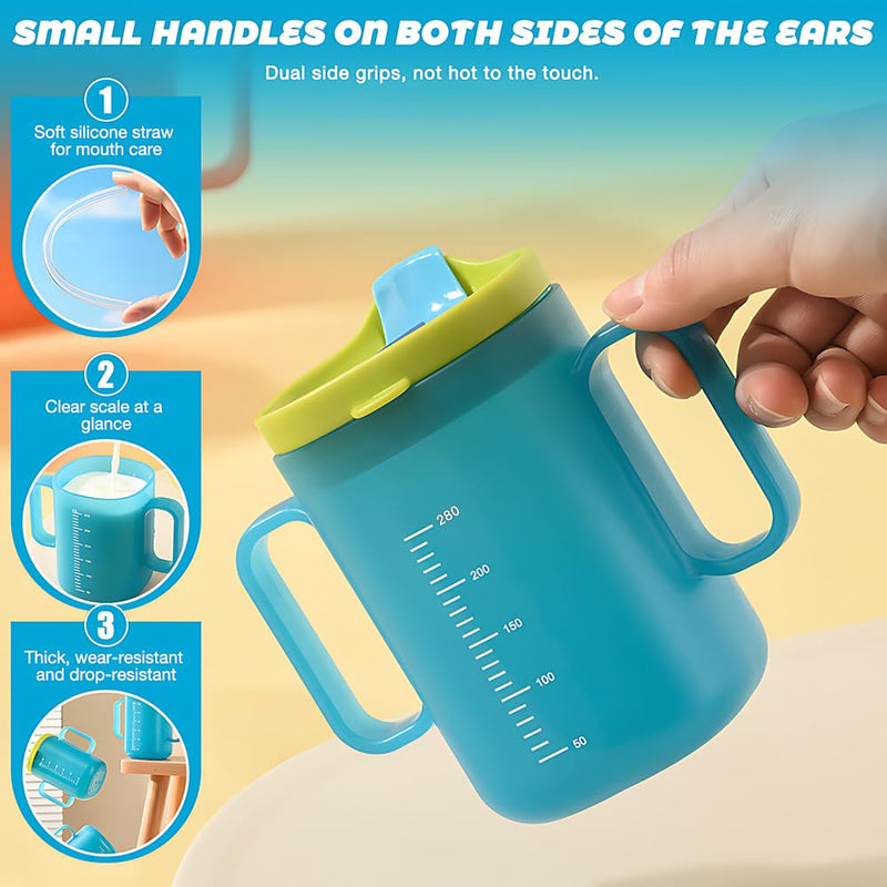 2 PCS Elderly Spill Proof Cups, 280 ml Unspillable Cup with 2 Handles, Elderly Drinking Cup, Feeding Cup Drinking Cup with Lid and Straw, Adult Sippy Cups for The Elderly Non Spill (Blue) Blue(2pcs)