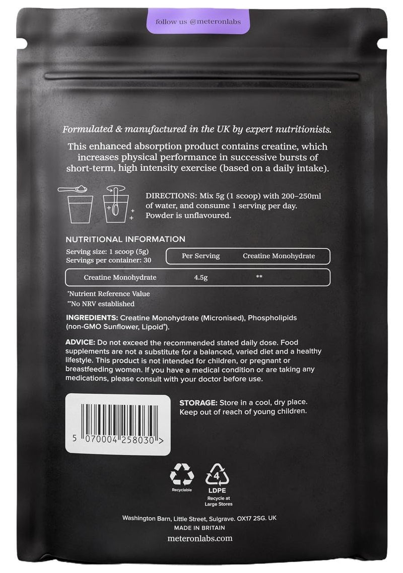 Liposomal Creatine Monohydrate Powder | Micronised Creatine Monohydrate | 5g Creatine Per Serving | Enhanced Liposomal Delivery | Unflavoured Creatine Powder | Vegan | 150g | Meteron Labs UK