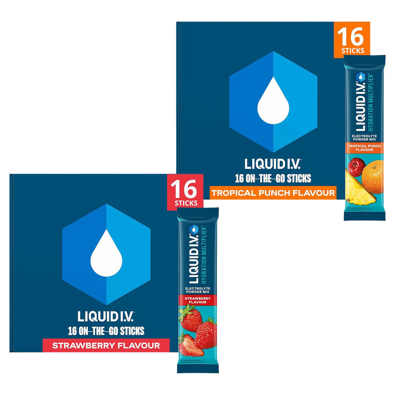 Liquid I.V. Hydration Multiplier Electrolyte Powder Variety Pack, Tropical Punch & Strawberry, Electrolytes With 7 Vitamins & Minerals For Fast Hydration & Energy, Vegan and Gluten Free, 32 Sachets Tropical Punch + Strawberry