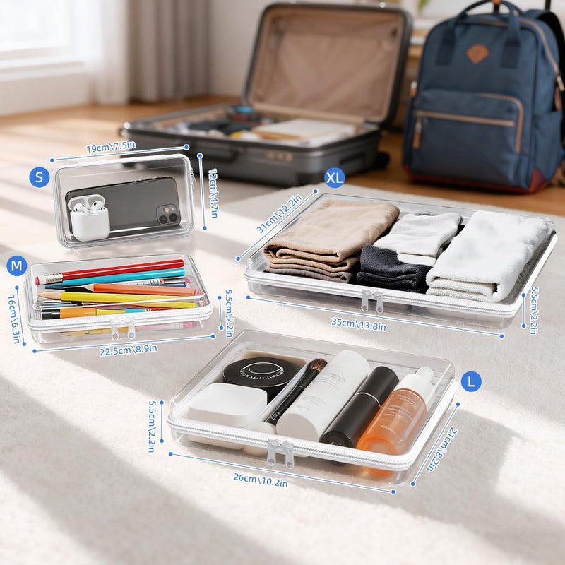 4 Pack Clear Hard Shell Zipper Case (S,M,L,XL), 1.2mm Crush-Proof Transparent Storage Pouches, Hard Plastic Packing Cubes & Organizer Bags for Travel, Pencil, Cosmetics, Toiletry, Toys Storage 4 Pack(S,M,L,XL)