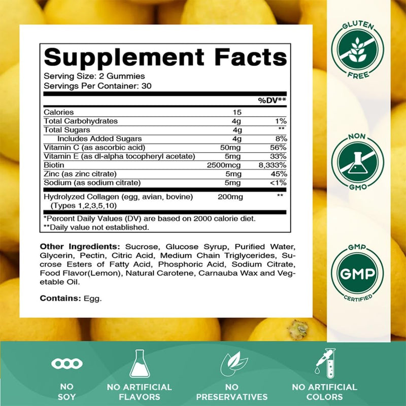 Vitamatic Hydrolyzed Collagen Gummies with Vitamin C, Zinc and Biotin, 200 mg - Healthy Skin Support - 60 Gummies 60 Count (Pack of 1)
